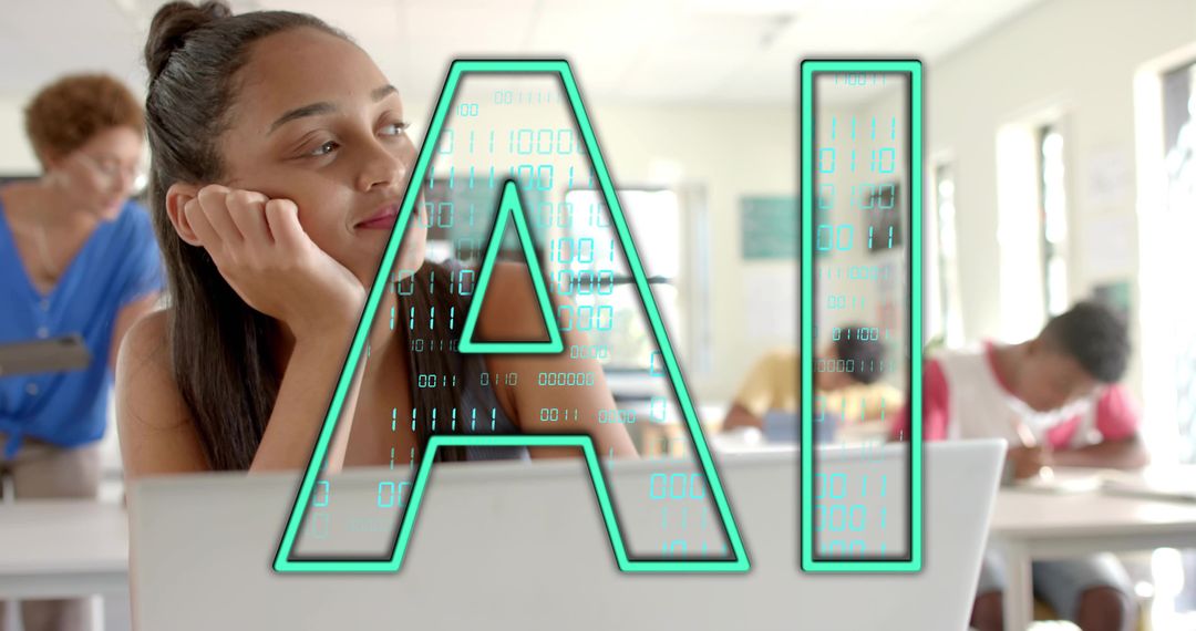 Teen Student Resting at Laptop in Sunlit Classroom with AI Binary Overlay