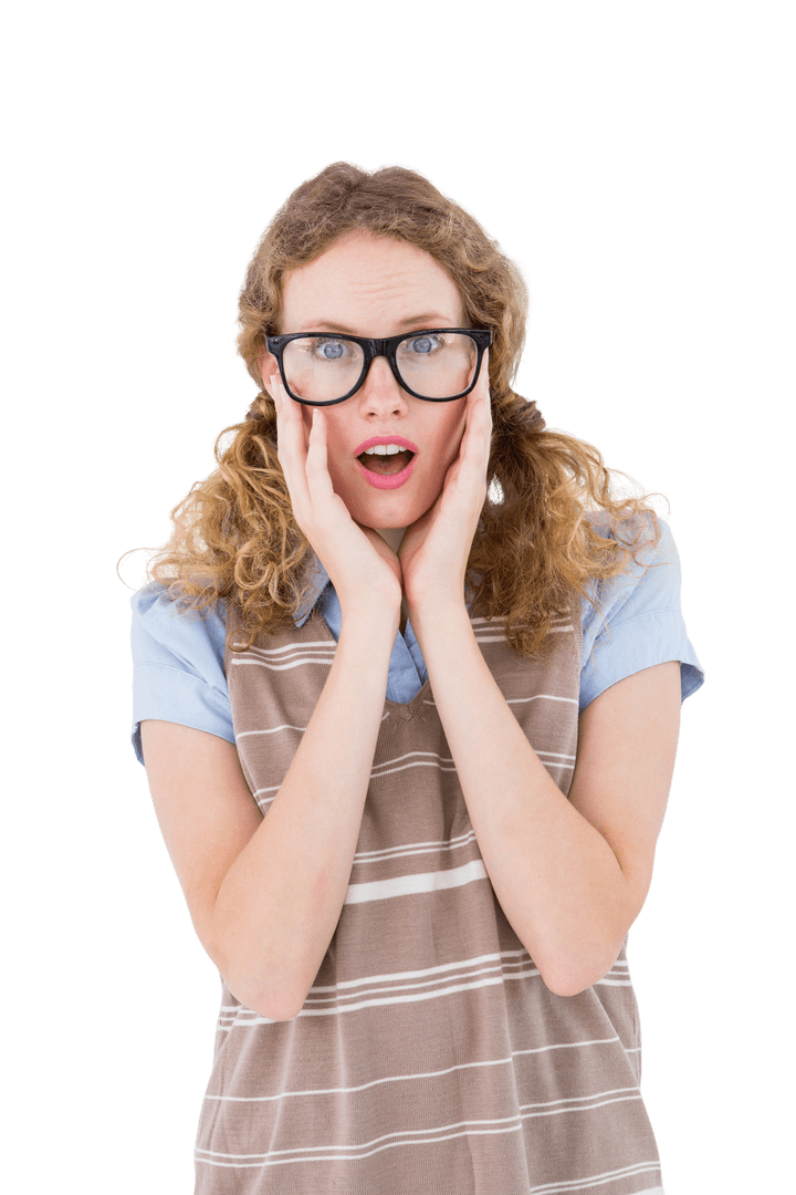 Surprised Woman with Glasses Touching Face on Transparent Background
