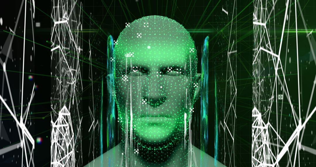 Digital Human Head with Data Particles and Neon Glow