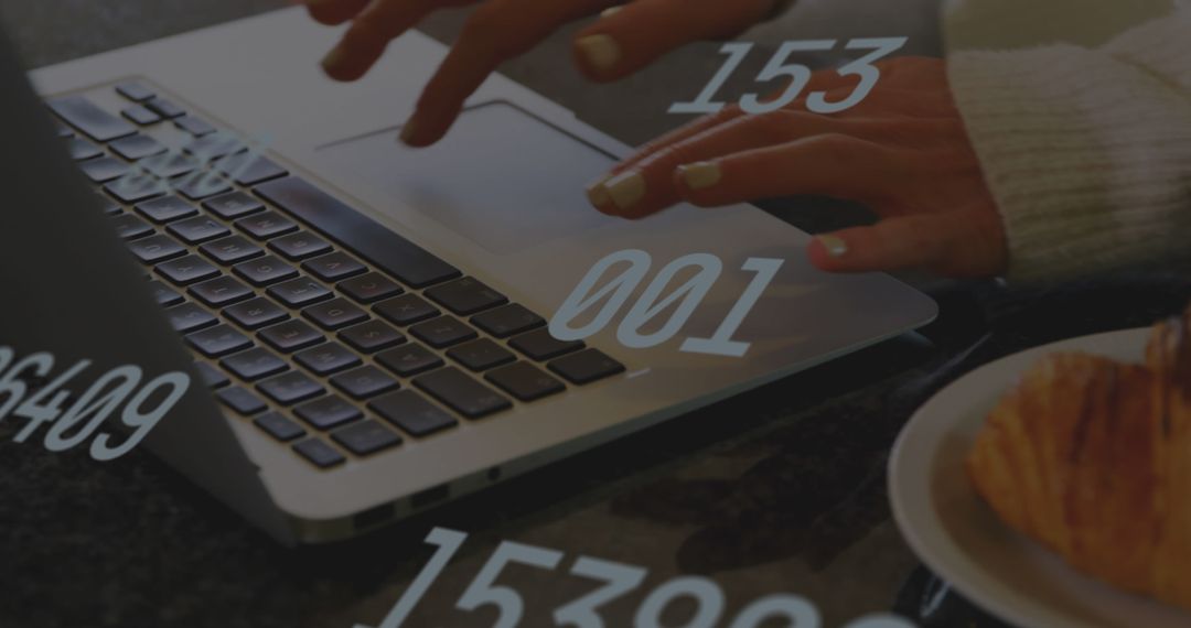 Woman Navigating Technology Typing on Laptop with Numeric Overlay
