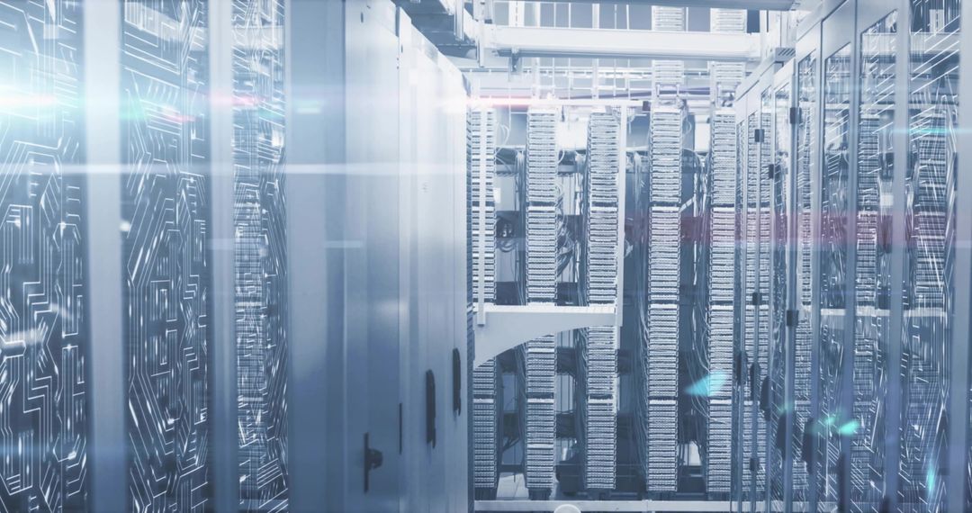 Blue-lit data center with glass server racks and neat cable trays powering cloud services
