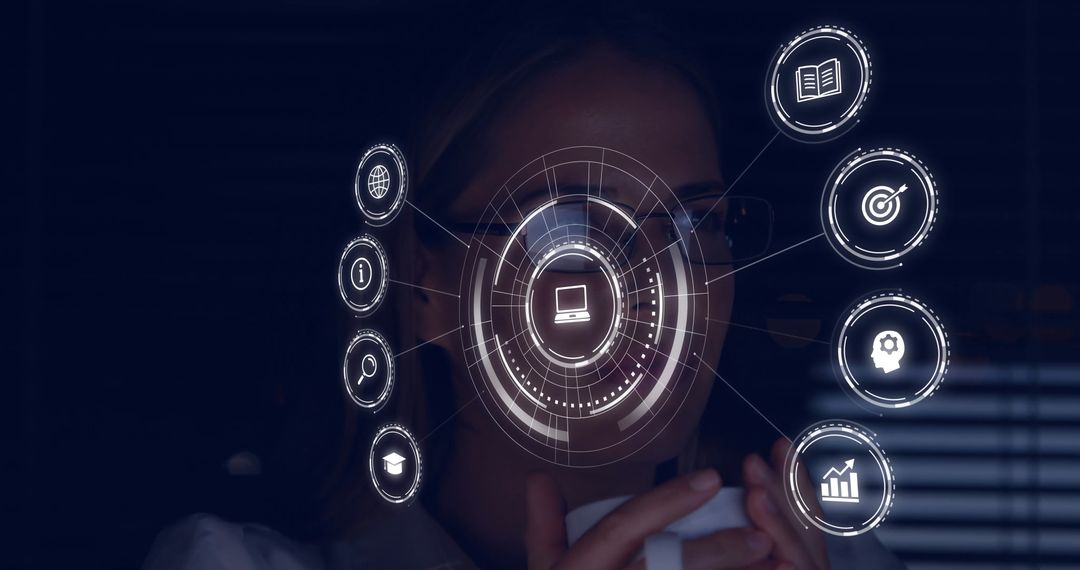 Woman Working with Futuristic Holographic User Interface in Techy Office