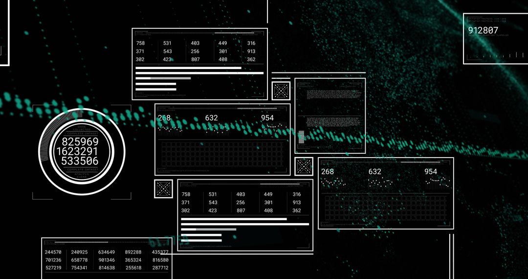 Abstract Data Processing Interfaces on Black Background