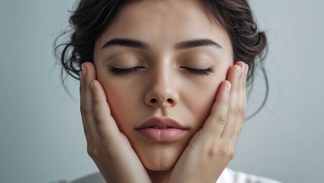 Serene Introspection of Woman Holding Cheeks in Beautiful Minimalist Style