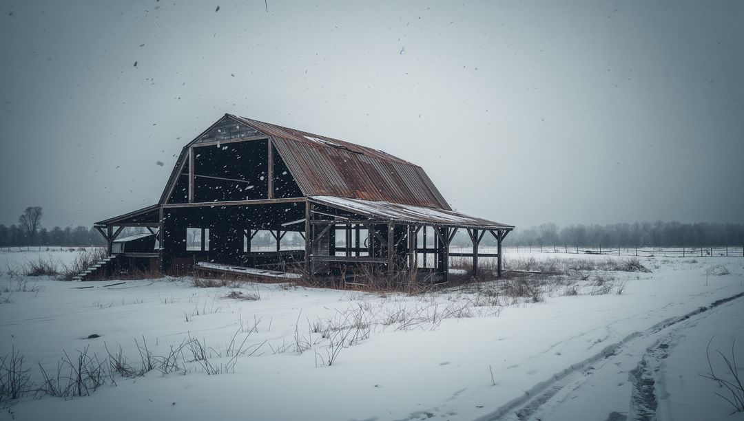 Rusting Barn Standing in Snow-Covered Field During Falling Snow and Overcast Winter Light