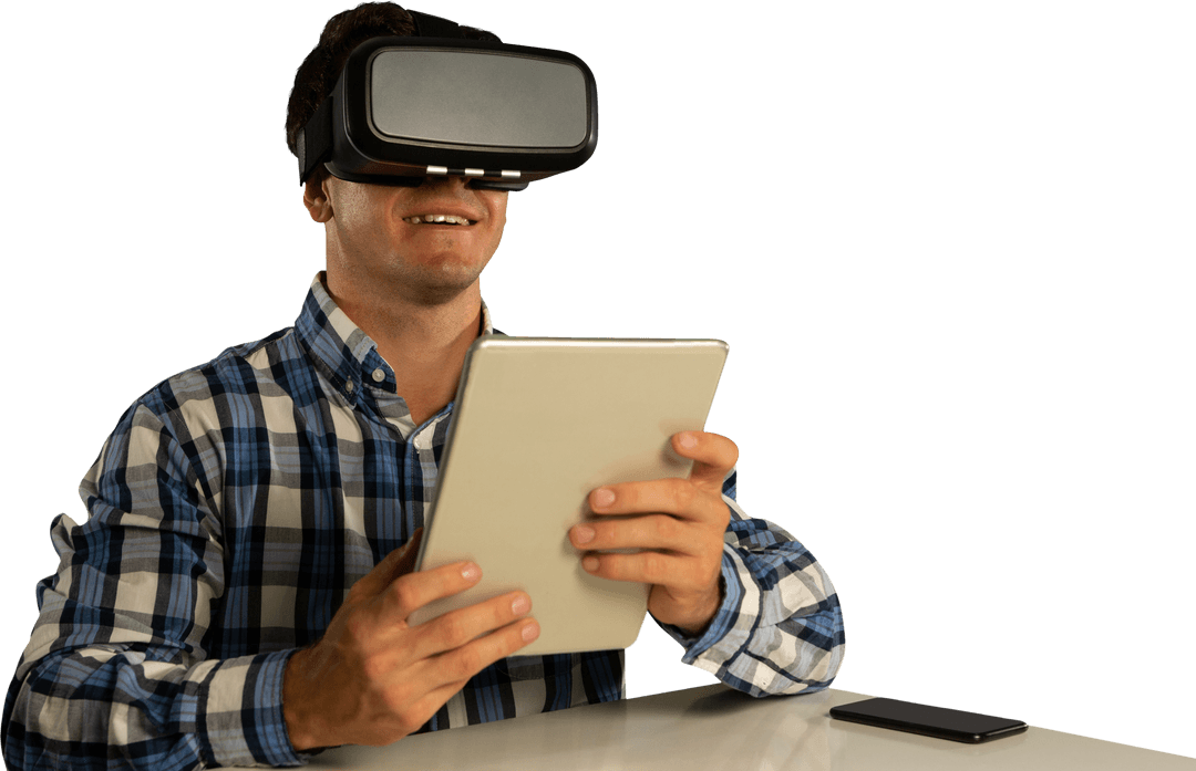 Caucasian Male Exploring Virtual Reality with Transparent Tablet