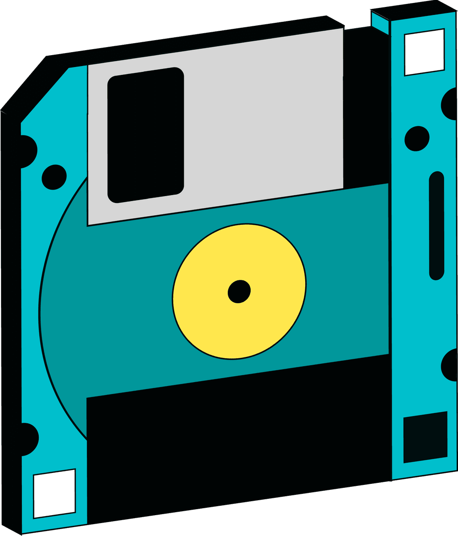 3D Teal Floppy Disk with Transparent Background and Yellow Hub