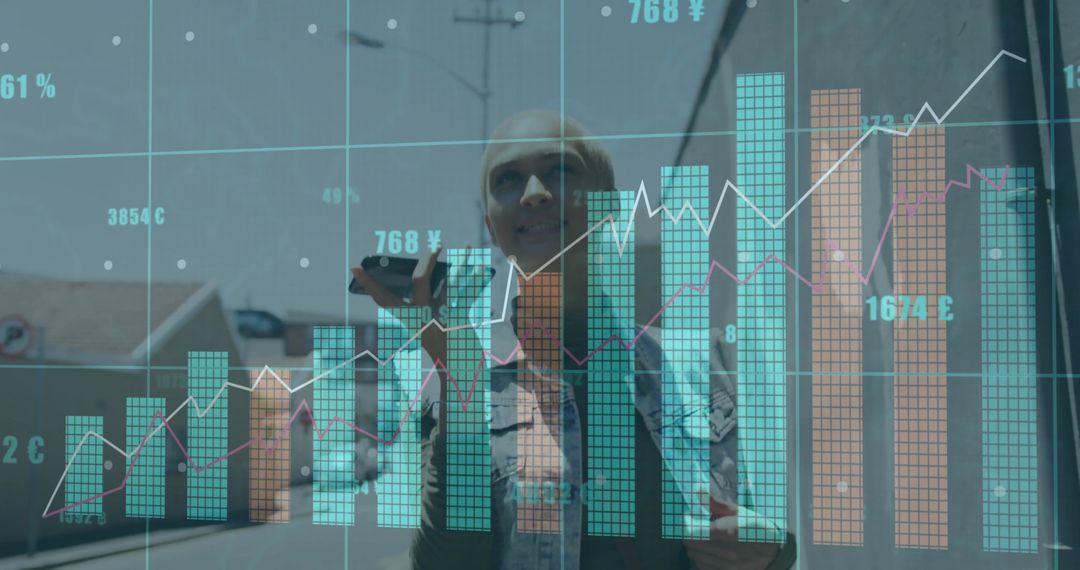 Smiling Woman Analyzing Digital Financial Data Overlay in Urban Environment