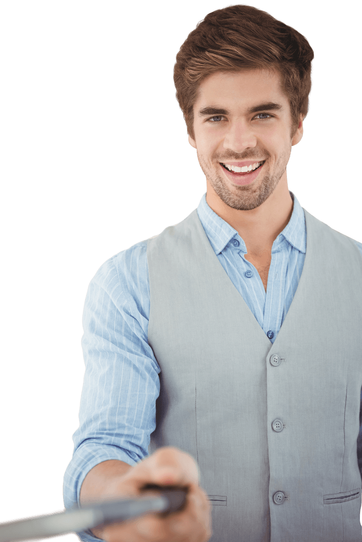 Smiling Businessman Using Transparent Selfie Stick Outdoors