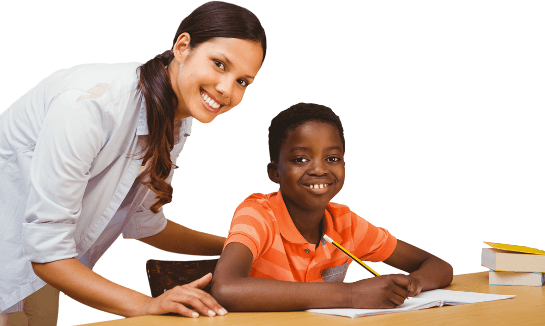 Transparent Tutor Helping Boy with Homework at Desk