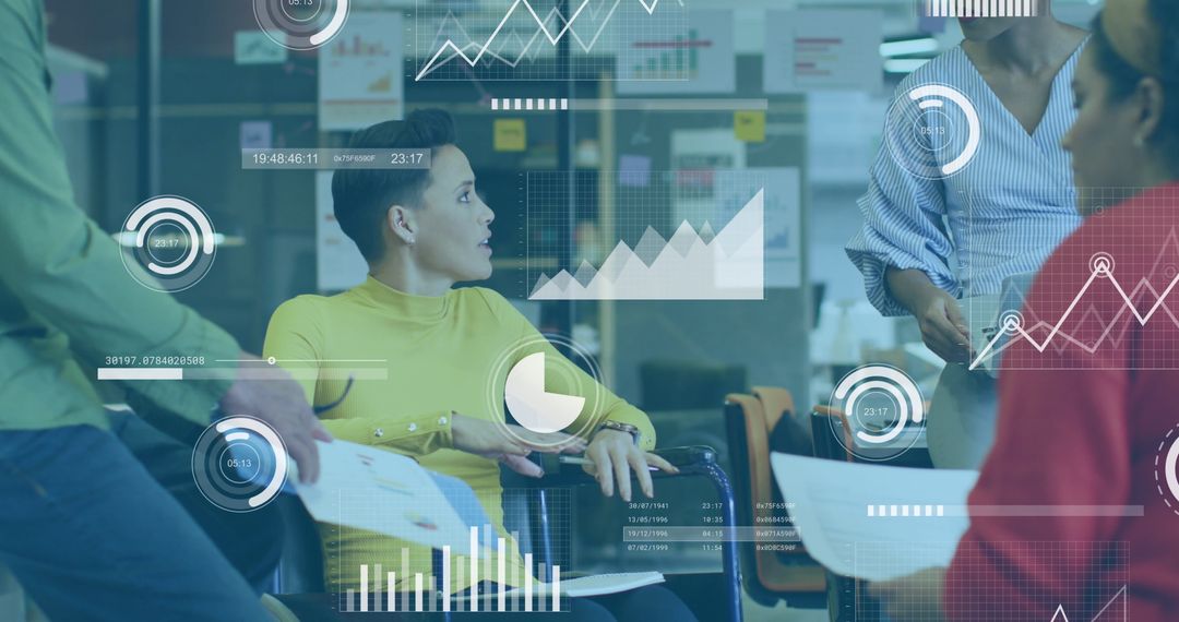 Diverse Team Analyzing Business Reports with Digital Graph Overlays