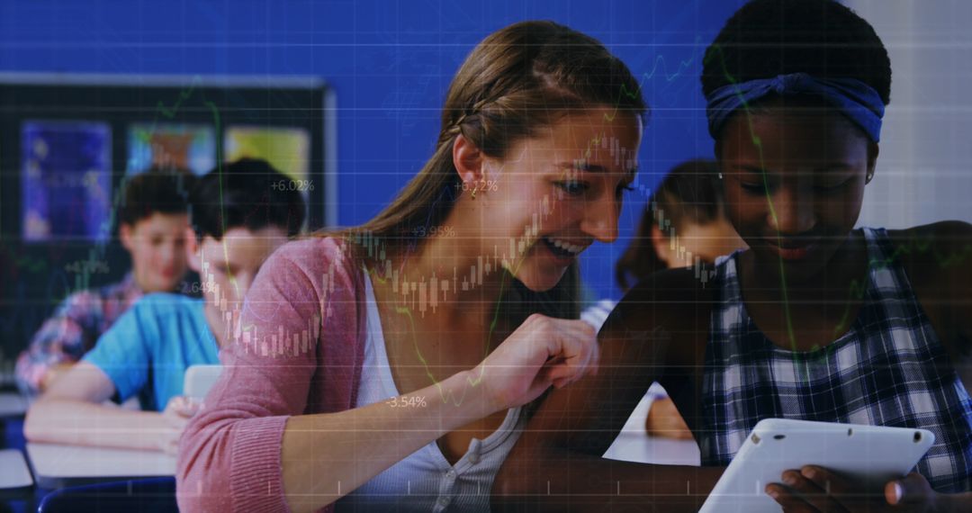 Diverse Students Exploring Digital Learning on Tablets with Financial Graph Overlay