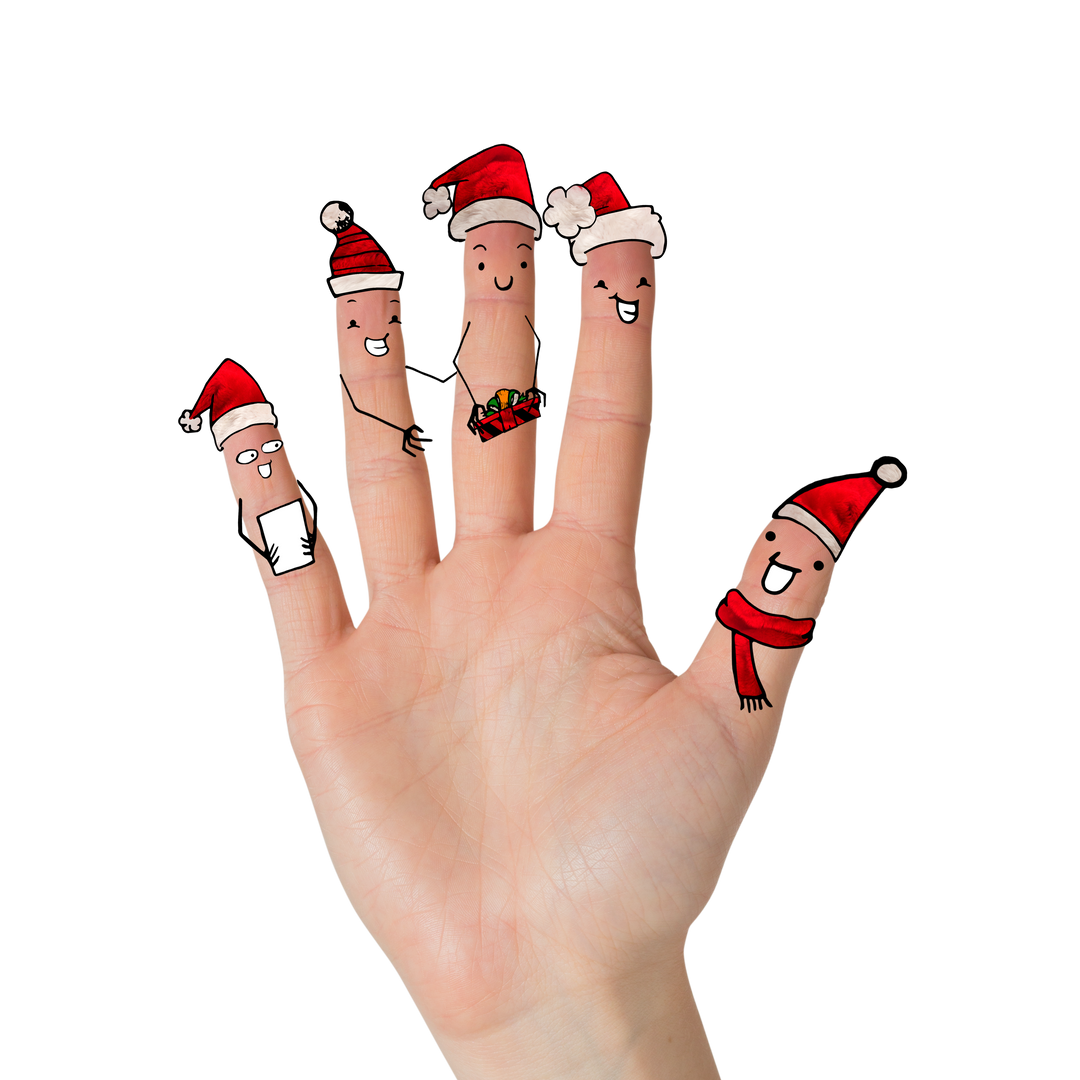 Hand with Five Santa Claus-Inspired Characters on Transparent Background - Download Free Stock Images Pikwizard.com