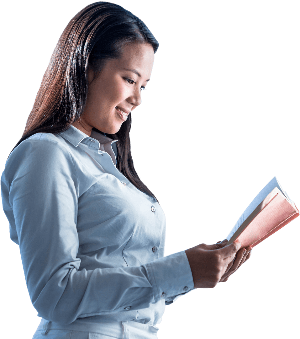 Smiling Businesswoman with Book on Transparent Background