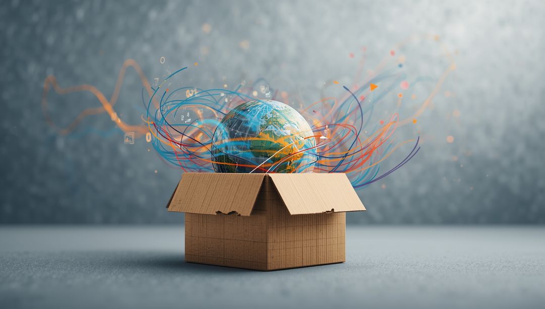 Digital Earth Emerging from Box with Data Streams and Floating Symbols