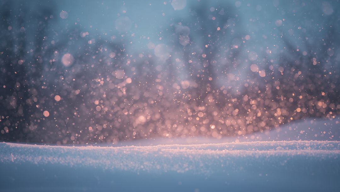 Glittering snow ridge catching warm sunrise backlight with floating bokeh snowflakes