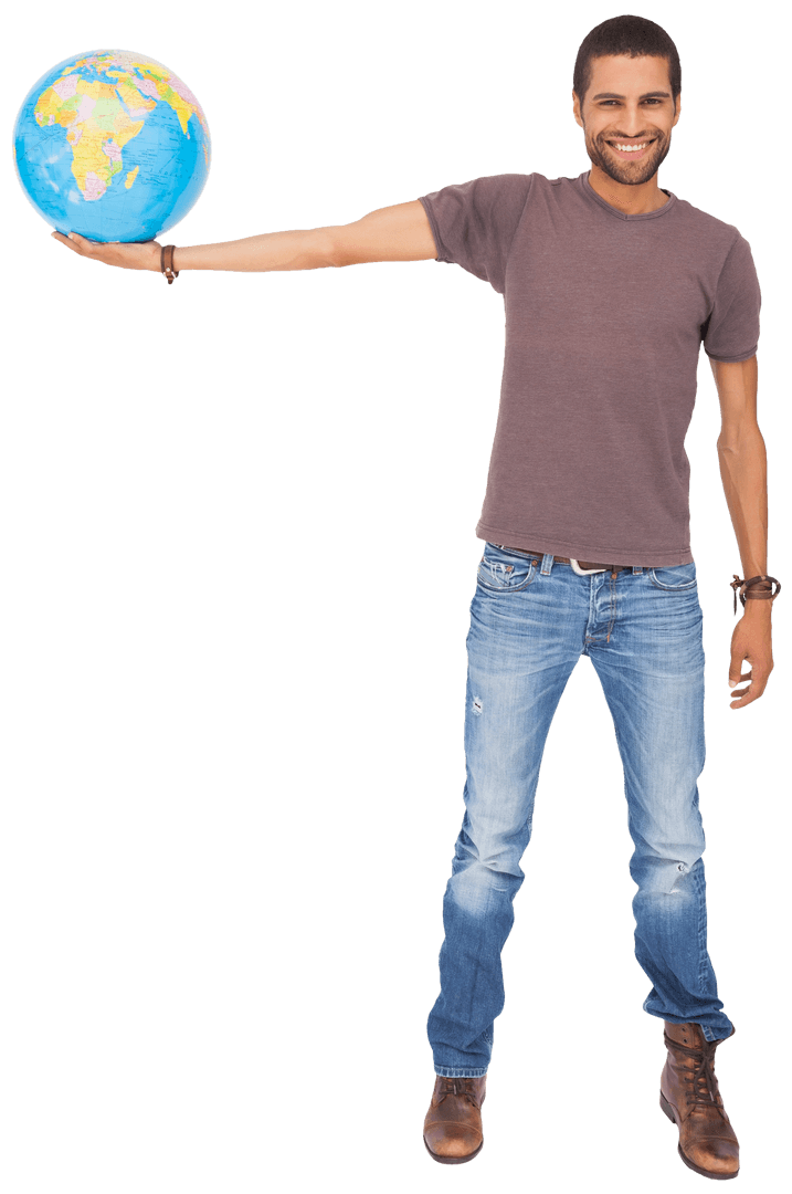 Smiling Man Holding Globe with Outstretched Arm Transparent Background