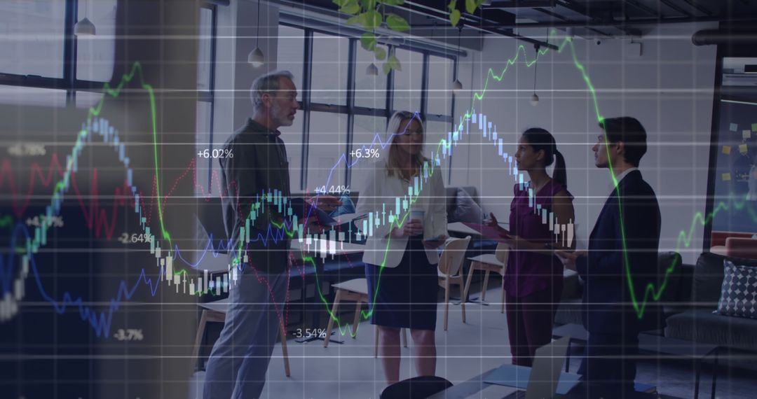 Business Team Discussing in Office with Stock Market Graph Overlay - Free Images, Stock Photos and Pictures on Pikwizard.com