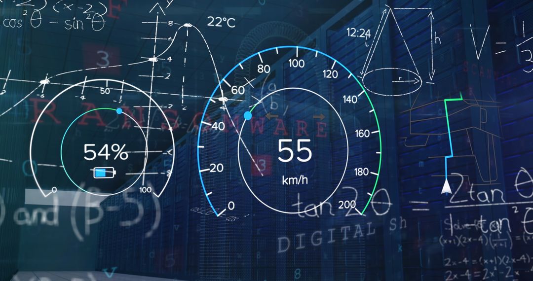 Digital Interface with Speedometer and Equations in Server Room