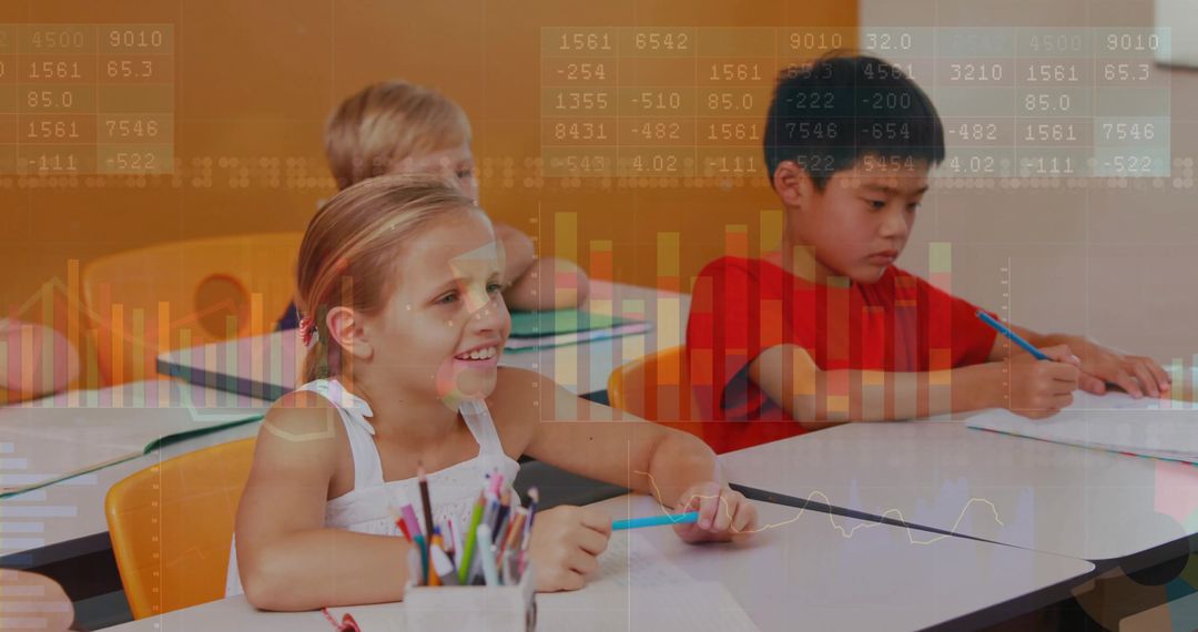 Smiling elementary girl writing worksheet with data charts overlay for digital learning