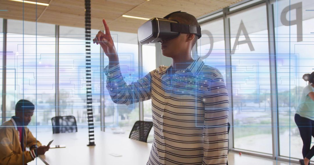 Woman Using VR Headset with Holographic Interface in Modern Office