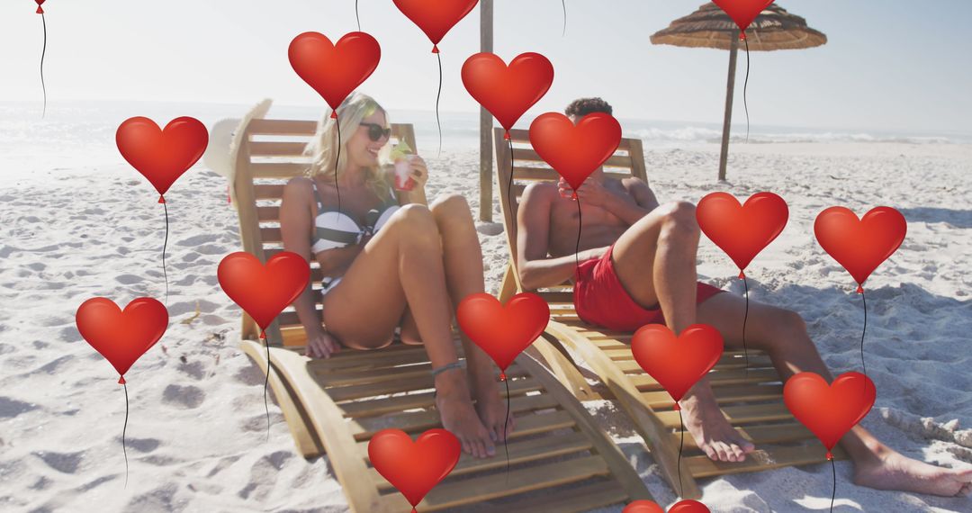 Couple Relaxing on Sunny Beach with Heart Balloons Overlay