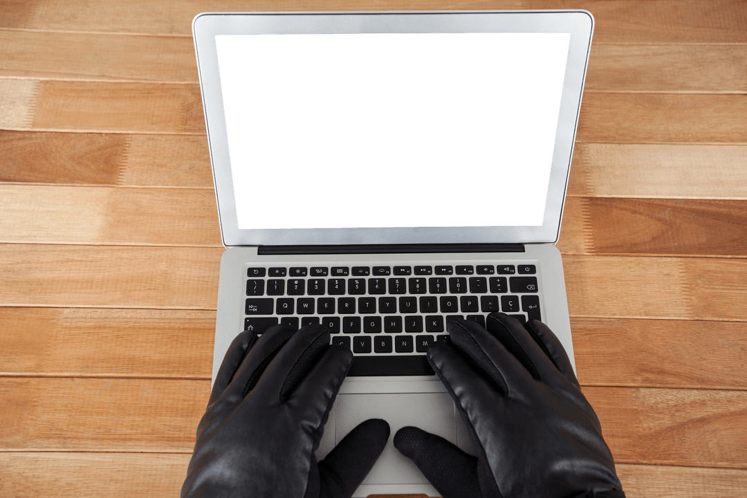 Transparent Hands in Black Gloves Typing on Laptop Keyboard