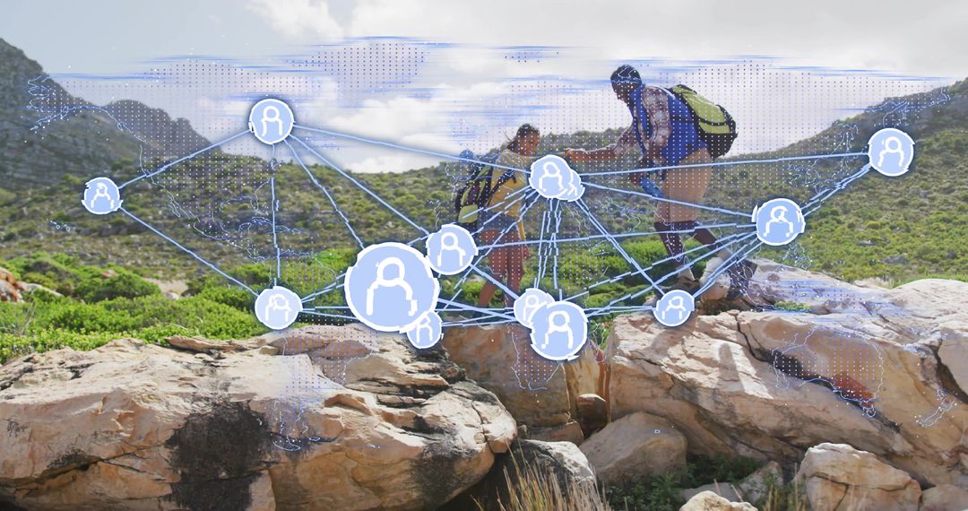 Hikers Exploring Rocky Mountain Terrain with Digital Network Overlay