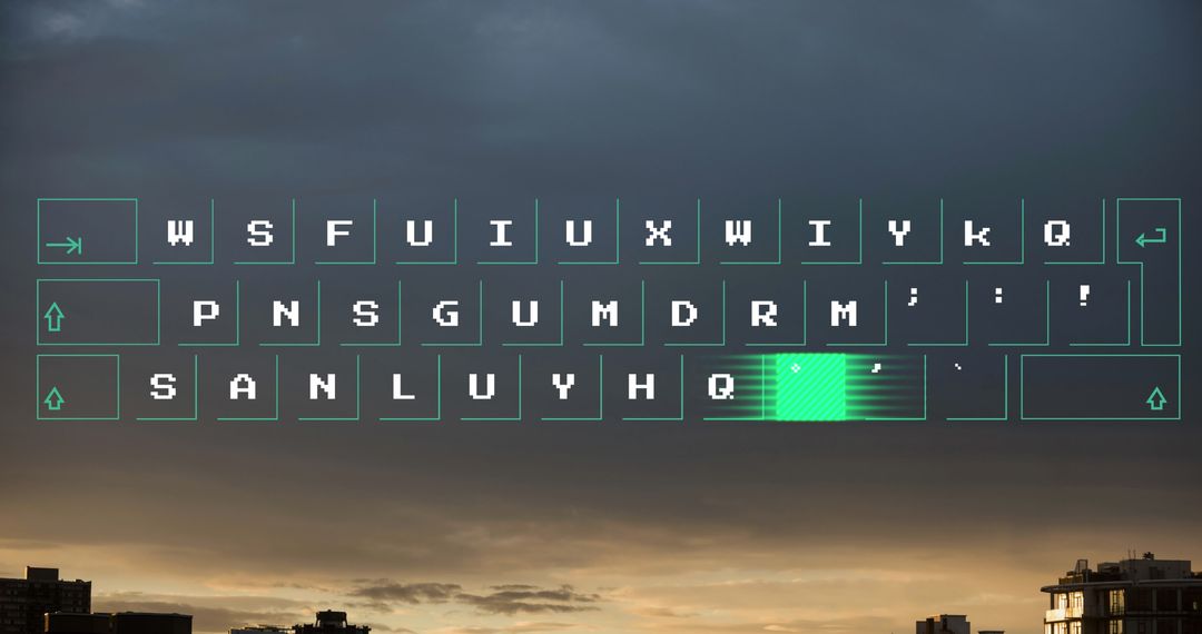 Digital Moving Light Pattern on Keyboard Over Cityscape