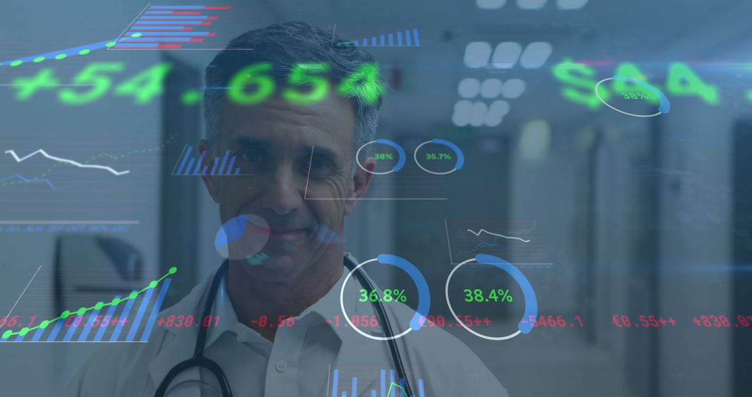 Doctor Analyzing Medical and Business Data on Modern Interface