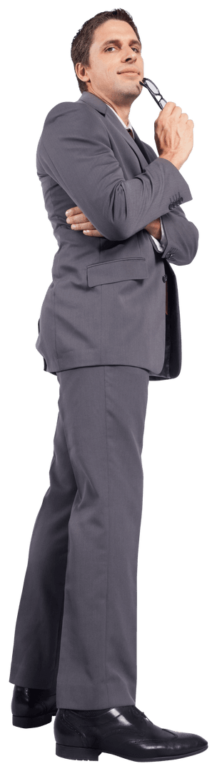 Confident Businessman in Gray Suit Pondering with Pen on Transparent Background