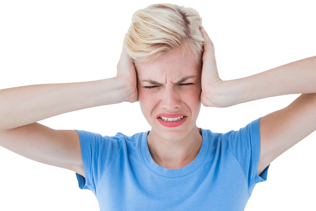 Transparent Frustrated Woman Holding Head in Hands Expression