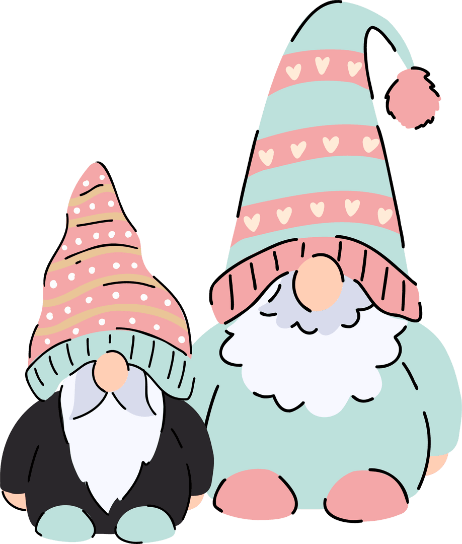 Whimsical Cartoon Gnome Duo in Striped Heart Hats on Transparent Background