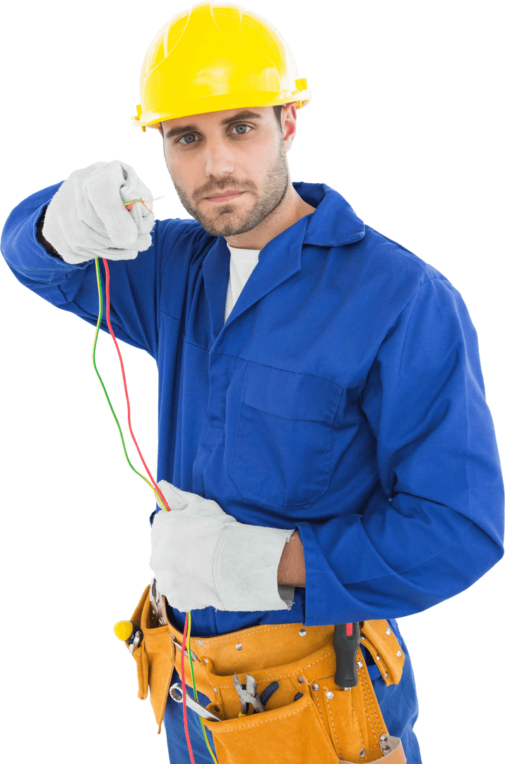 Transparent Image of Engineer Holding Electrical Cables in Safety Gear