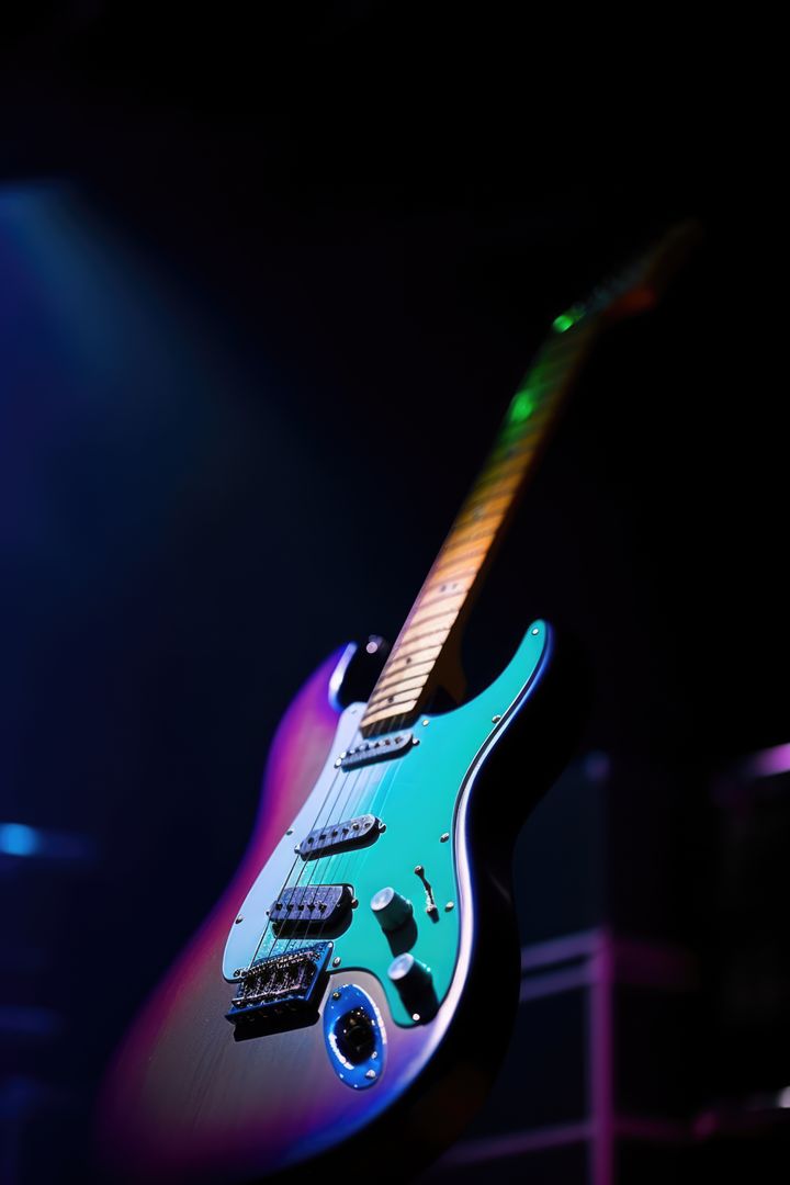 Close up of electric guitar with copy space on dark background - Free Images, Stock Photos and Pictures on Pikwizard.com