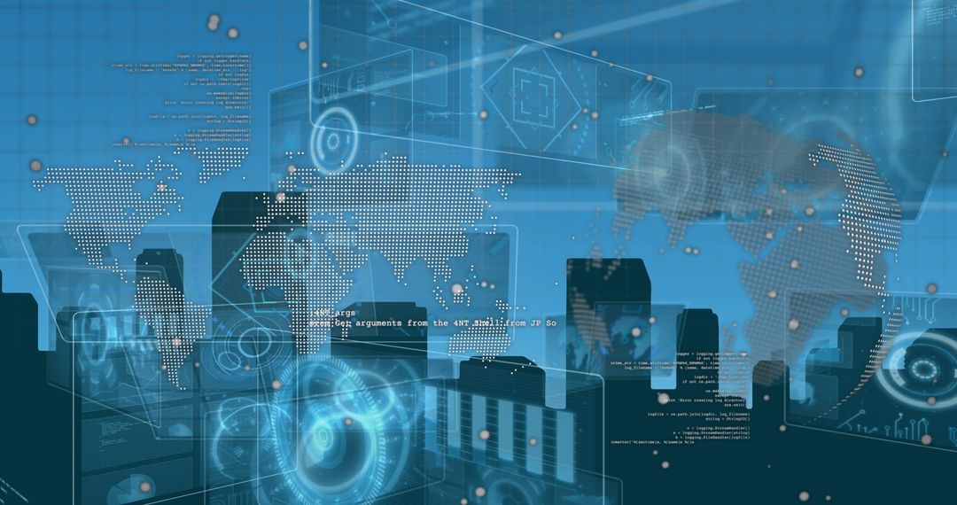 Digital Interface Data Processing Over City Skyline in Blue Tones