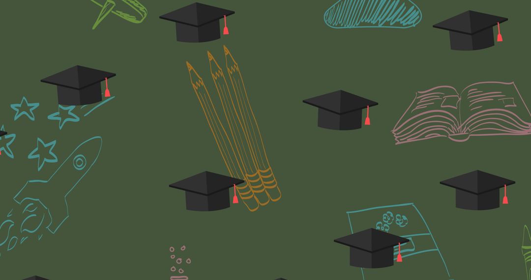 Digital Pattern of Mortarboards and Educational Doodles on Chalkboard