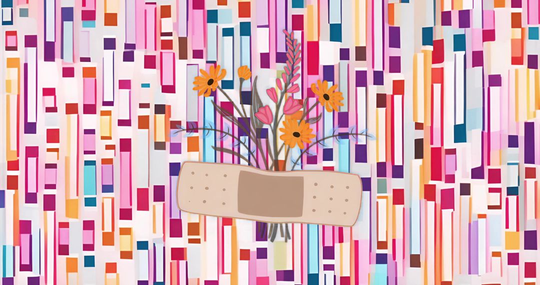 Healing Bouquet Wrapped in Bandage Conveying Resilience on Colorful Geometric Mosaic