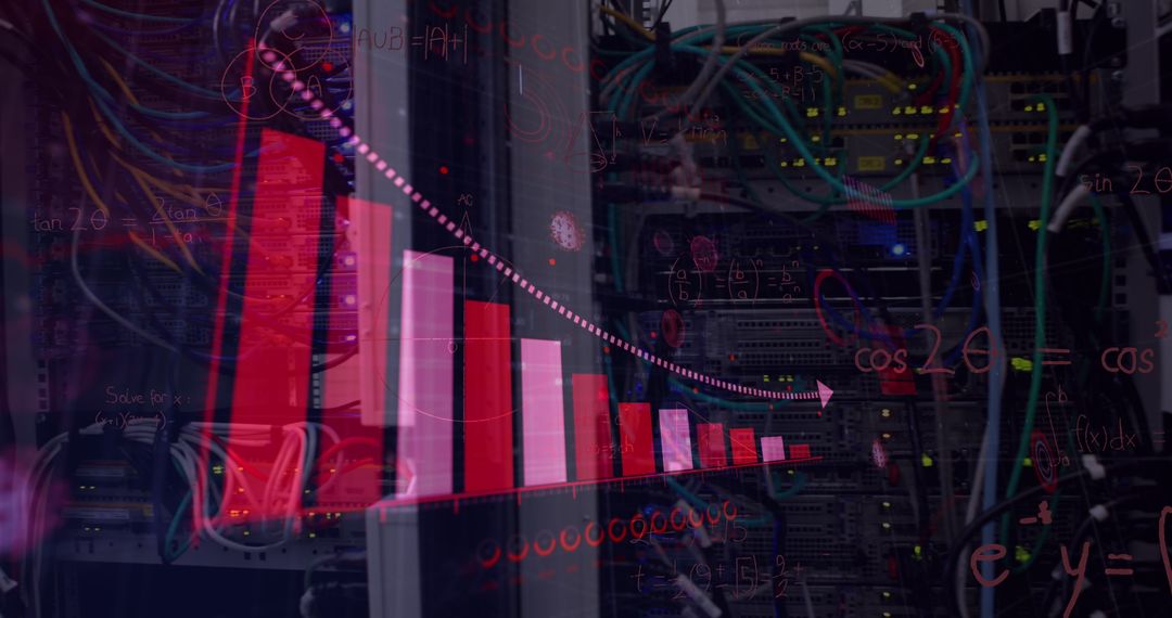 Digital Interface Overlay with Data Analysis and Server Room Imagery