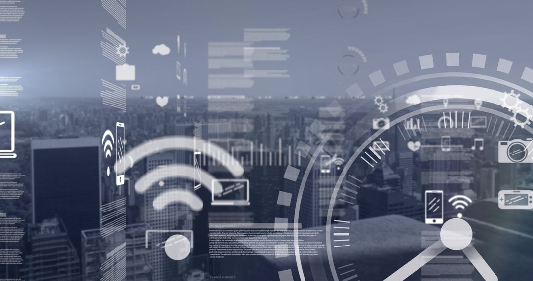 Digital Data Icons Overlaying Urban Cityscape