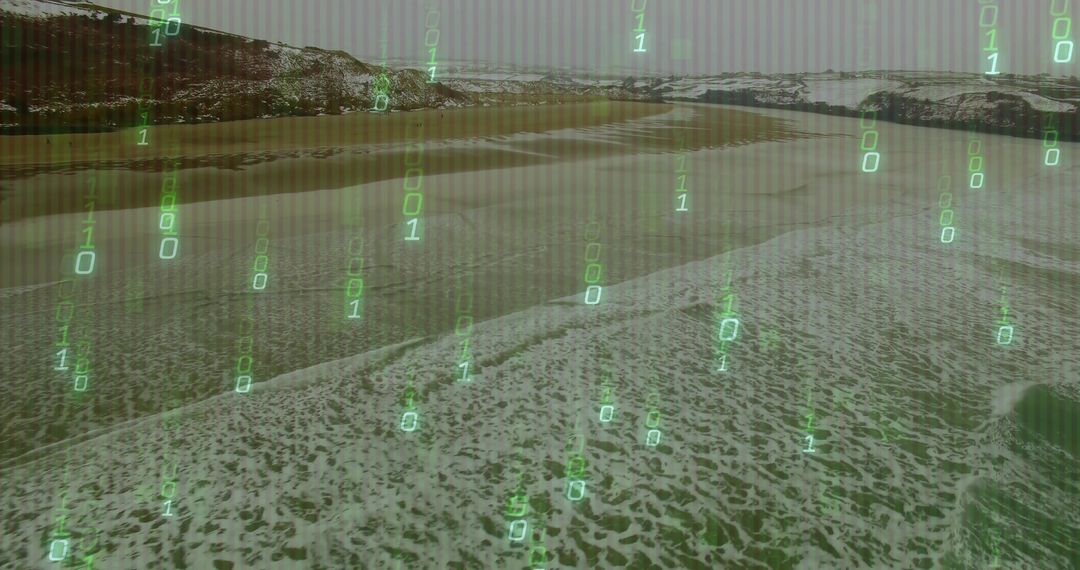 Digital Binary Code Overlay on Snowy Beach Seascape