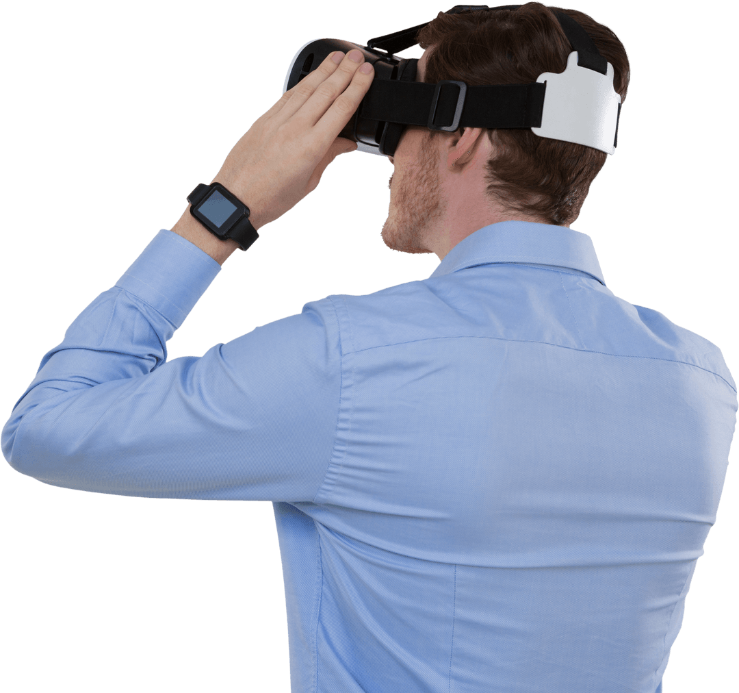 Businessman Experiencing VR with Goggles on Transparent Background
