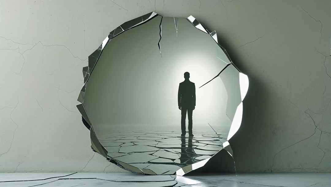 Silhouette Standing in Cracked Mirror Portal Depicting Introspection and Mystery