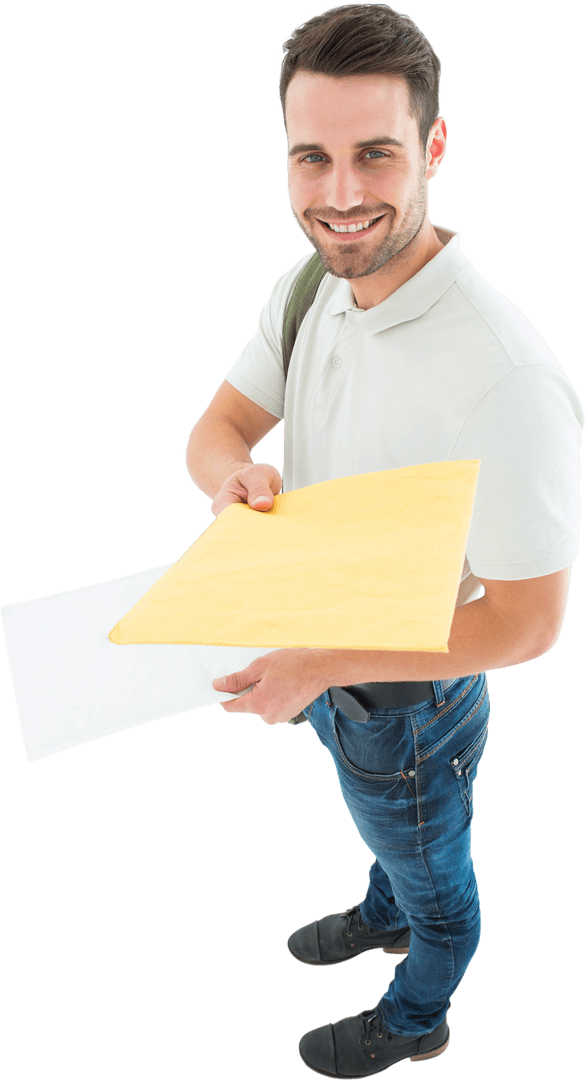 Transparent Delivery Man Smiling with Envelope Handout