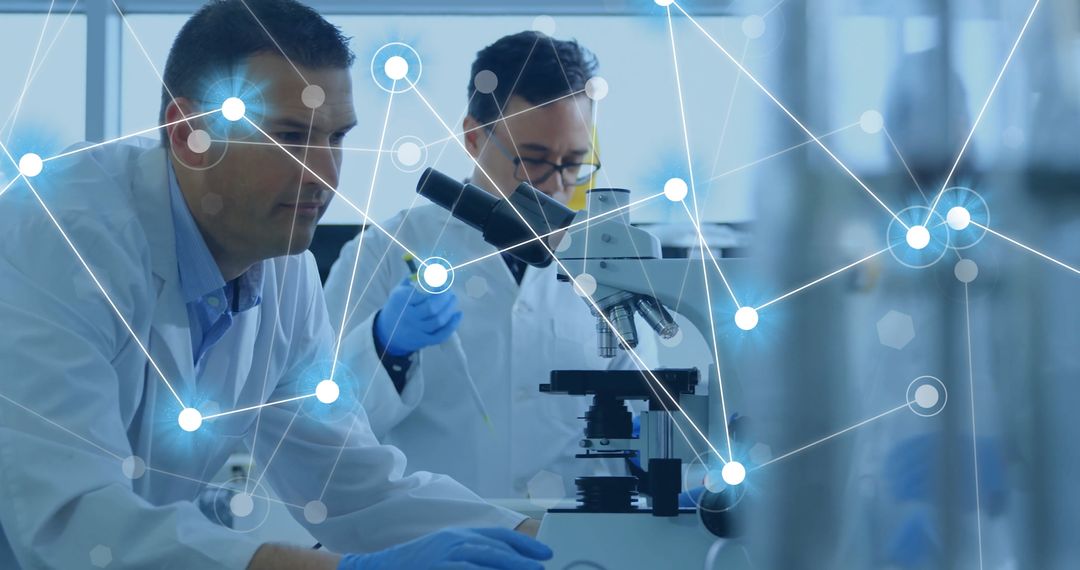 Scientists Conducting Research with Digital Network Overlay