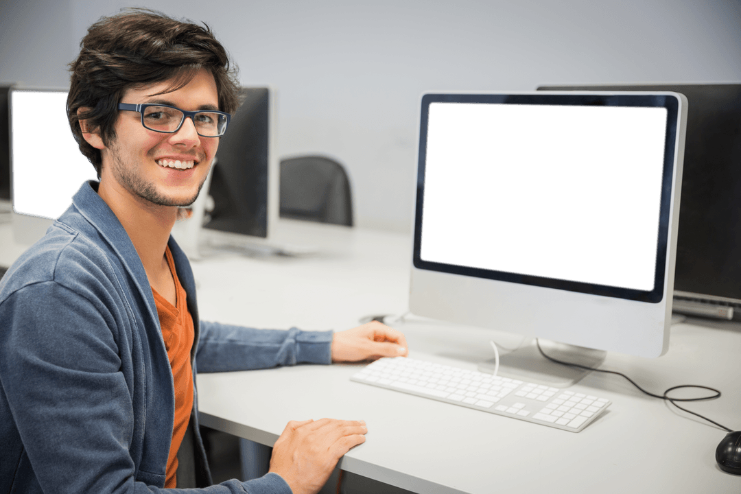 Smiling businessman working on transparent screen computer