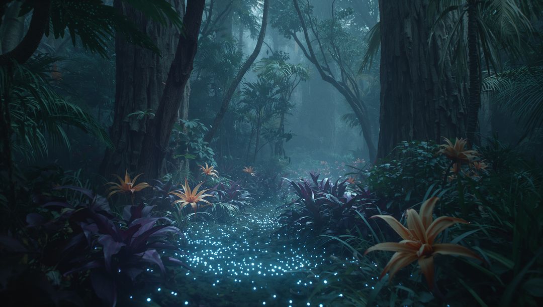Misty Tropical Forest with Enchanting Glowing Pathway