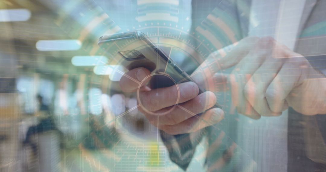 Businessman Using Smartphone Surrounded by Financial Data Graphics