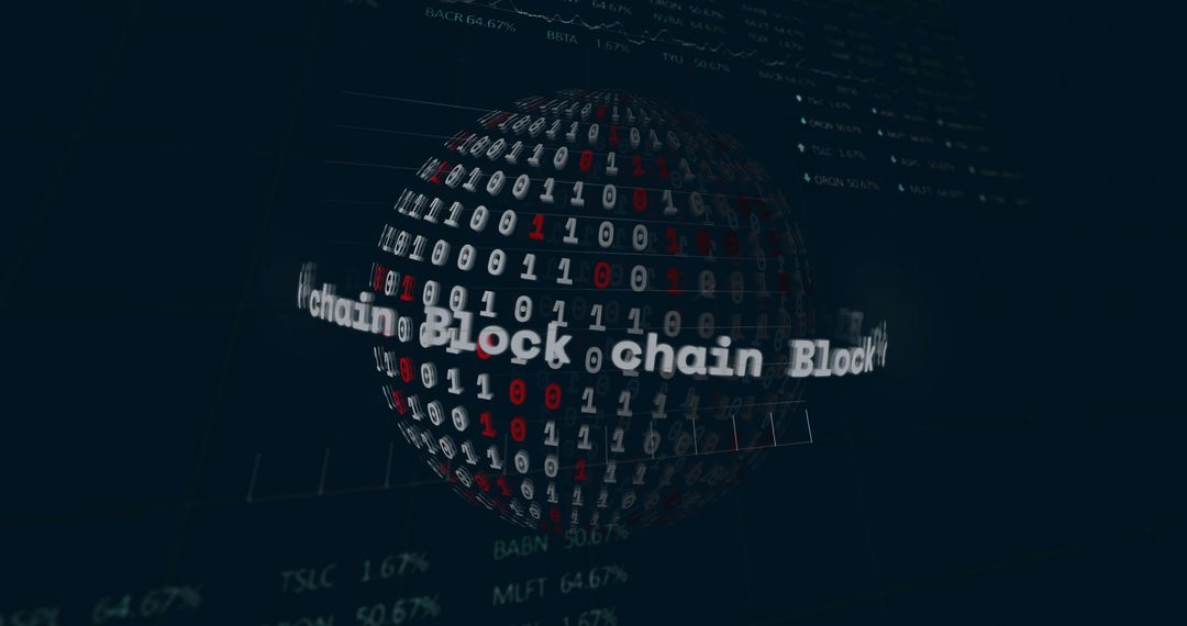 Digital blockchain sphere with rotating binary and chart overlays