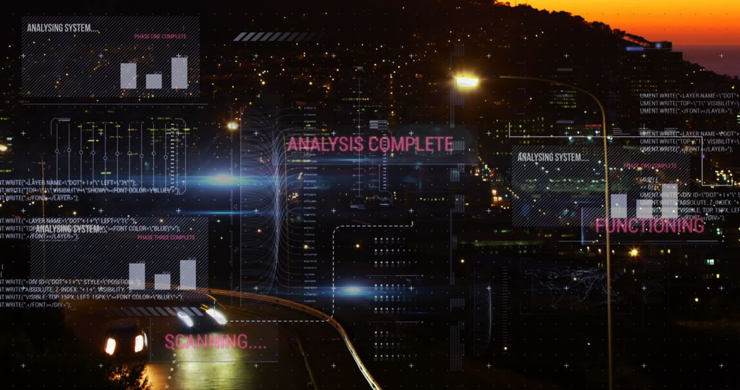 High-Tech Data Interface Over Cityscape Traffic at Night